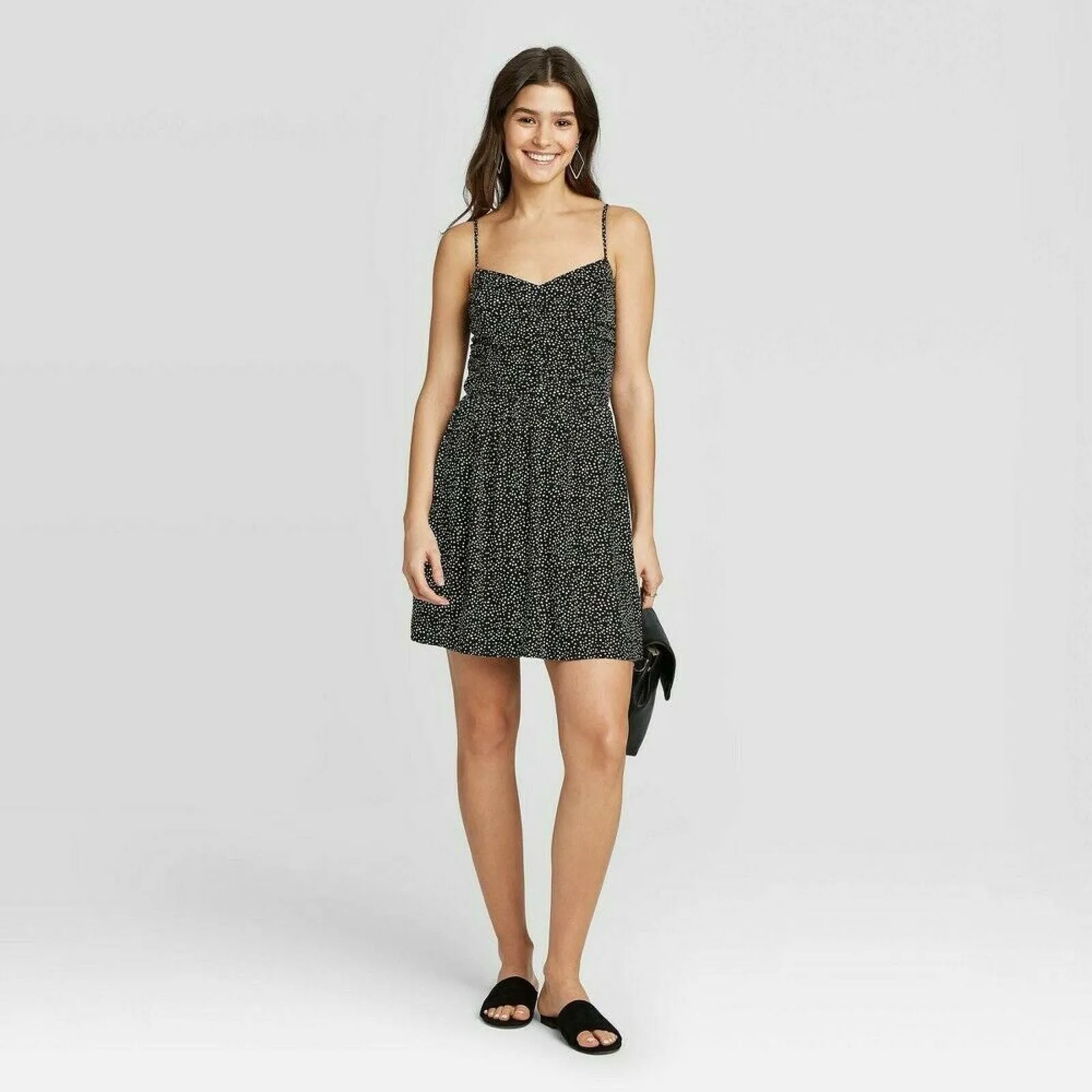 Xhilaration Women's Polka Dot Sleeveless Ruched Front Dress Black / White Small
