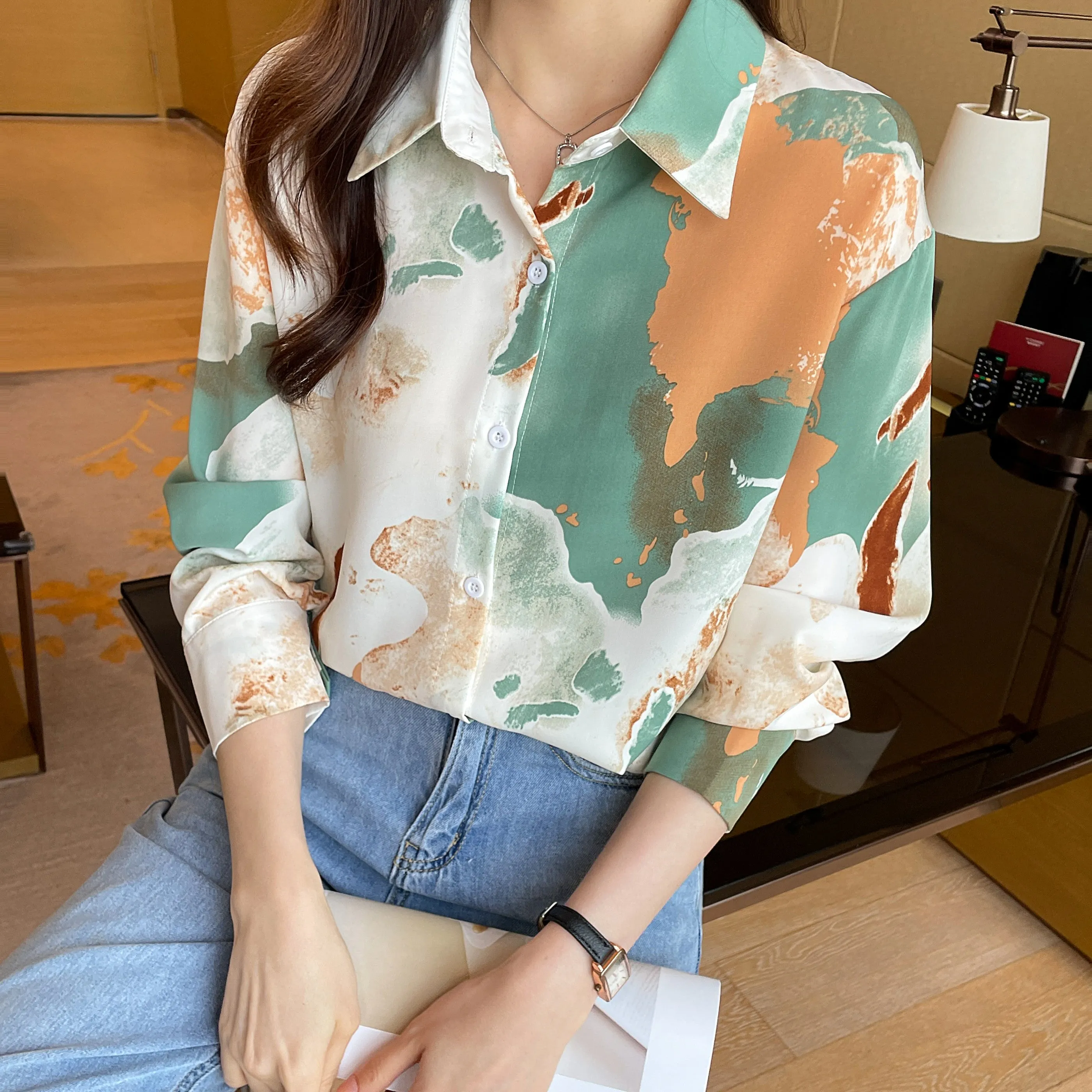 xieyinshe  Floral Print V-neck Lapel Blouses, Casual Loose Button Down Long Sleeve Fashion Shirts Tops, Women's Clothing