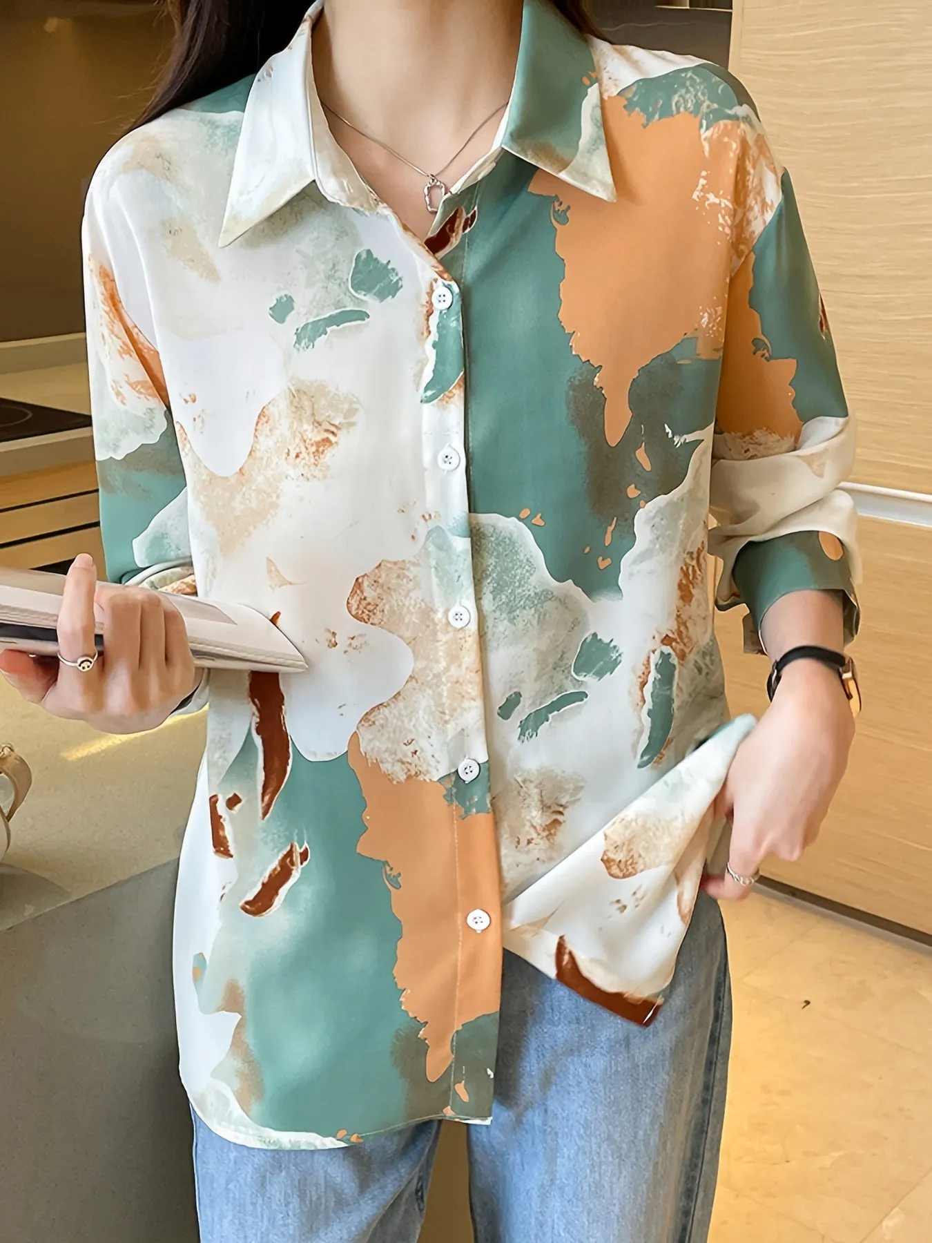xieyinshe  Floral Print V-neck Lapel Blouses, Casual Loose Button Down Long Sleeve Fashion Shirts Tops, Women's Clothing