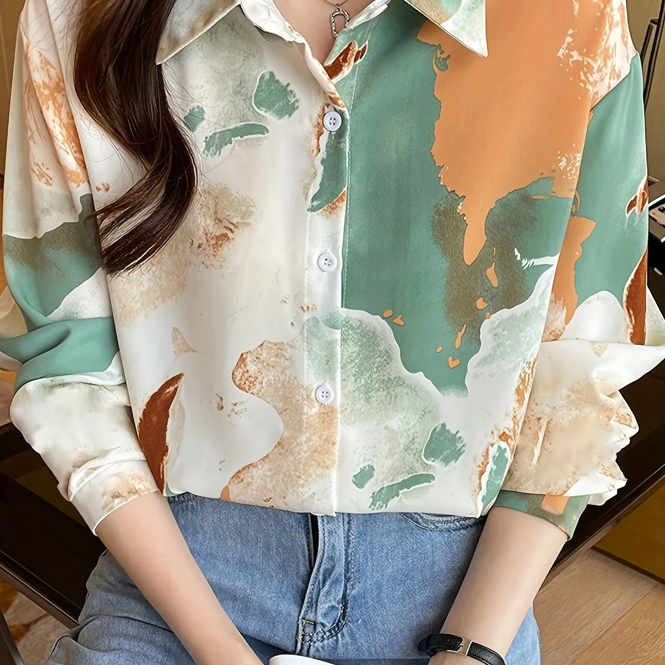 xieyinshe  Floral Print V-neck Lapel Blouses, Casual Loose Button Down Long Sleeve Fashion Shirts Tops, Women's Clothing