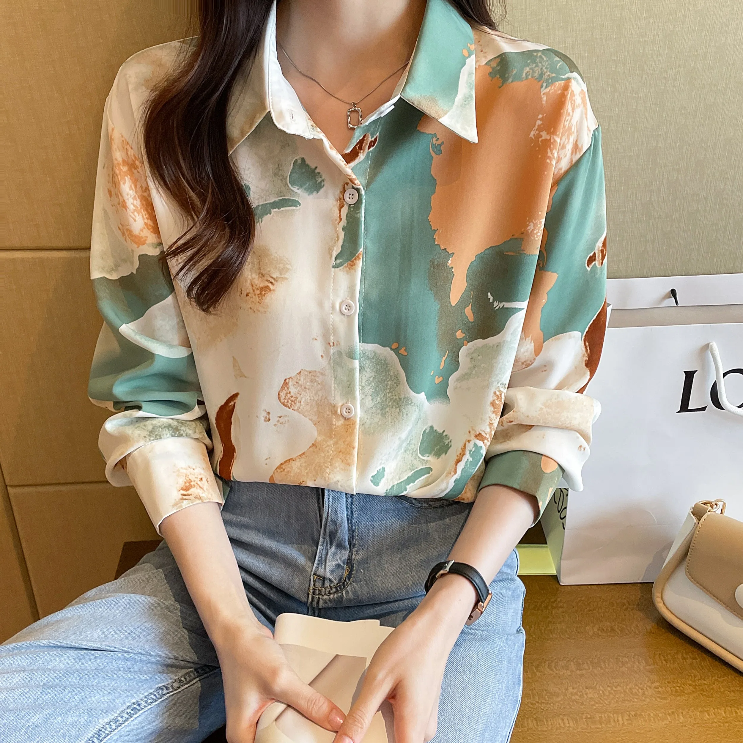 xieyinshe  Floral Print V-neck Lapel Blouses, Casual Loose Button Down Long Sleeve Fashion Shirts Tops, Women's Clothing