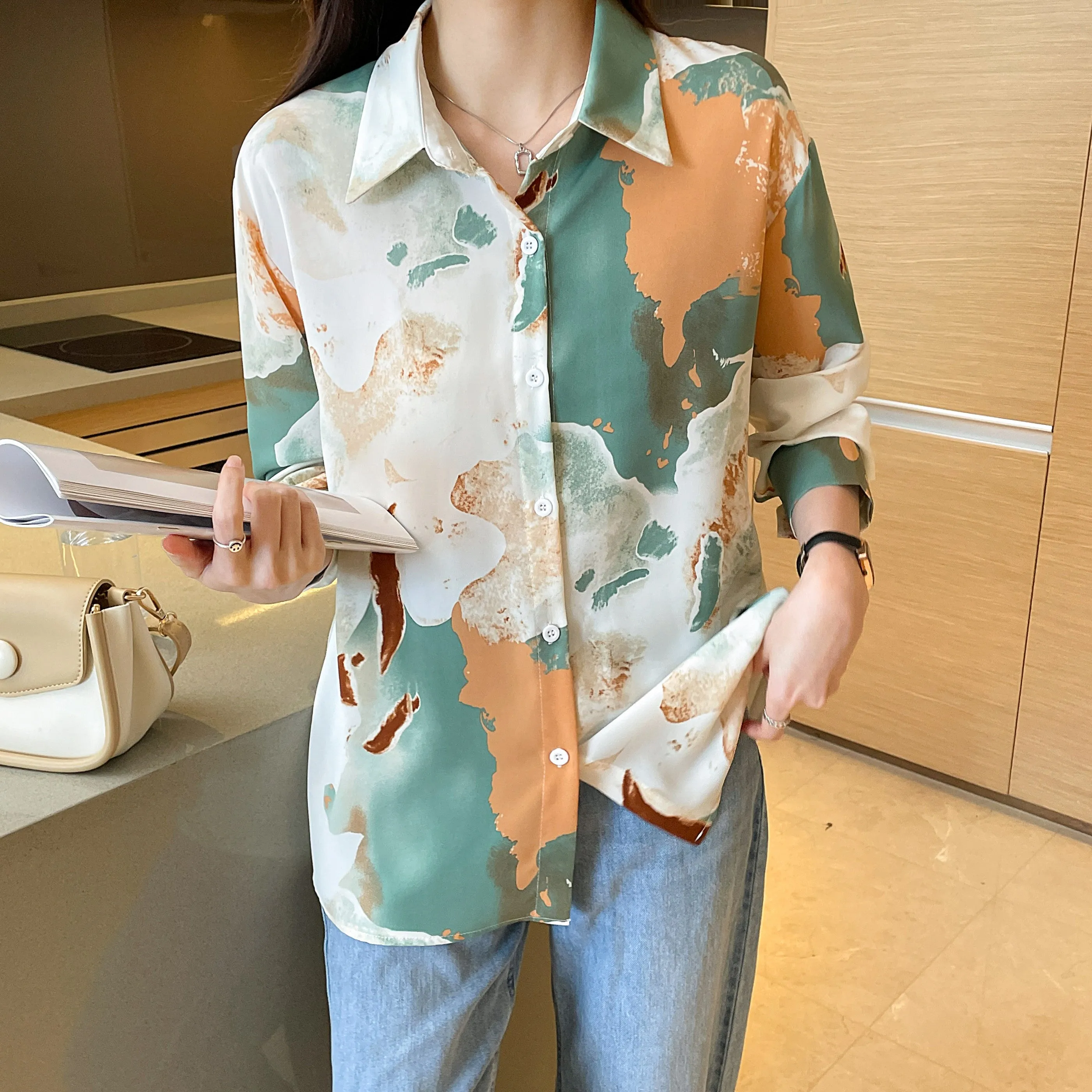 xieyinshe  Floral Print V-neck Lapel Blouses, Casual Loose Button Down Long Sleeve Fashion Shirts Tops, Women's Clothing