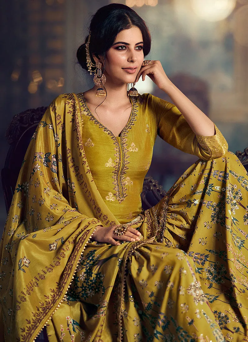 Yellow Embroidered Foil Printed Gharara Suit