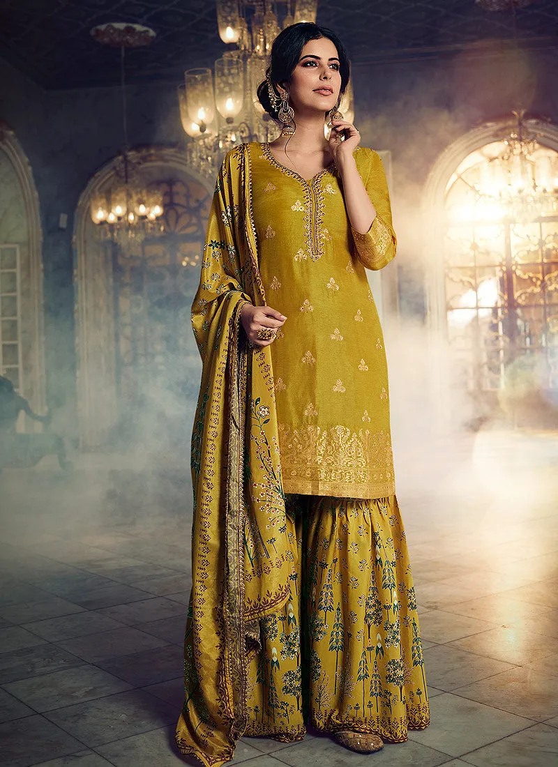 Yellow Embroidered Foil Printed Gharara Suit