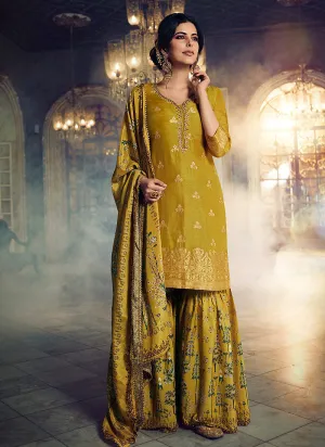 Yellow Embroidered Foil Printed Gharara Suit