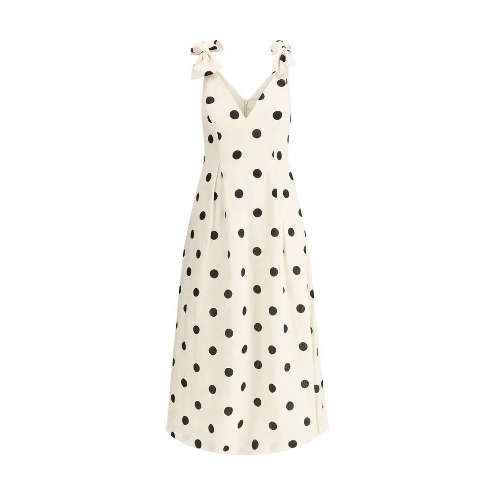 ZIMMERMANN Women Ivory Dress Linen Polka Dot Print A-Line Zip Midi Sundress Sz 1