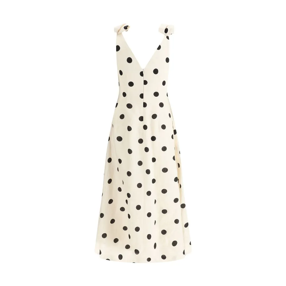 ZIMMERMANN Women Ivory Dress Linen Polka Dot Print A-Line Zip Midi Sundress Sz 1